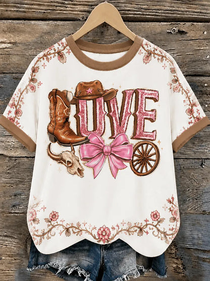 Cardydony Women's Western Country Cowboy Love Bow Short Sleeve Top