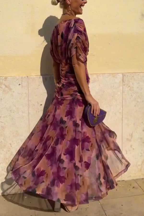Cardydony Women's Unique Printed V-Neck Waisted Mesh Holiday Maxi Dress