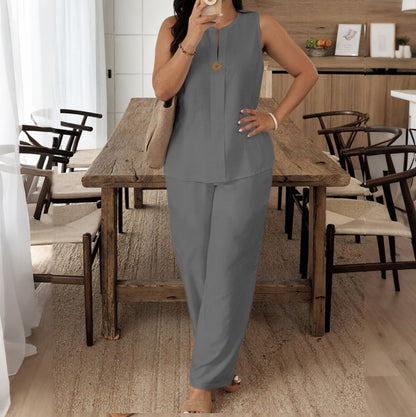 Cardydony Loose Top Casual Wide Leg Pants Linen Two Piece Set