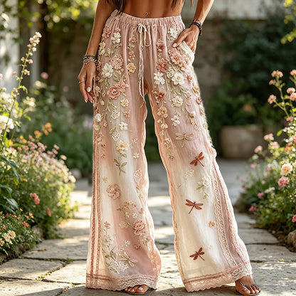 Cardydony Women's Pink And White Dragonfly Lace Art Casual Cotton And Linen Pants
