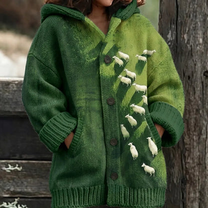 Cardydony Women's Retro Bohemian Prairie Sheep Print Sweater Coat