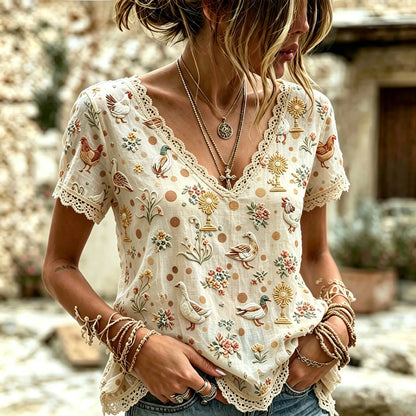 Cardydony Women's Retro Cotton Linen Farm Style Animal Embroidery Print V-neck Top