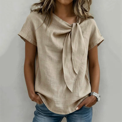 Cardydony Casual Short Sleeves Lace Up Linen T-shirt