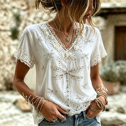 Cardydony Women's Vintage Bohemian Style Dragonfly And Rose Floral Embroidery Print Lace V-neck Top