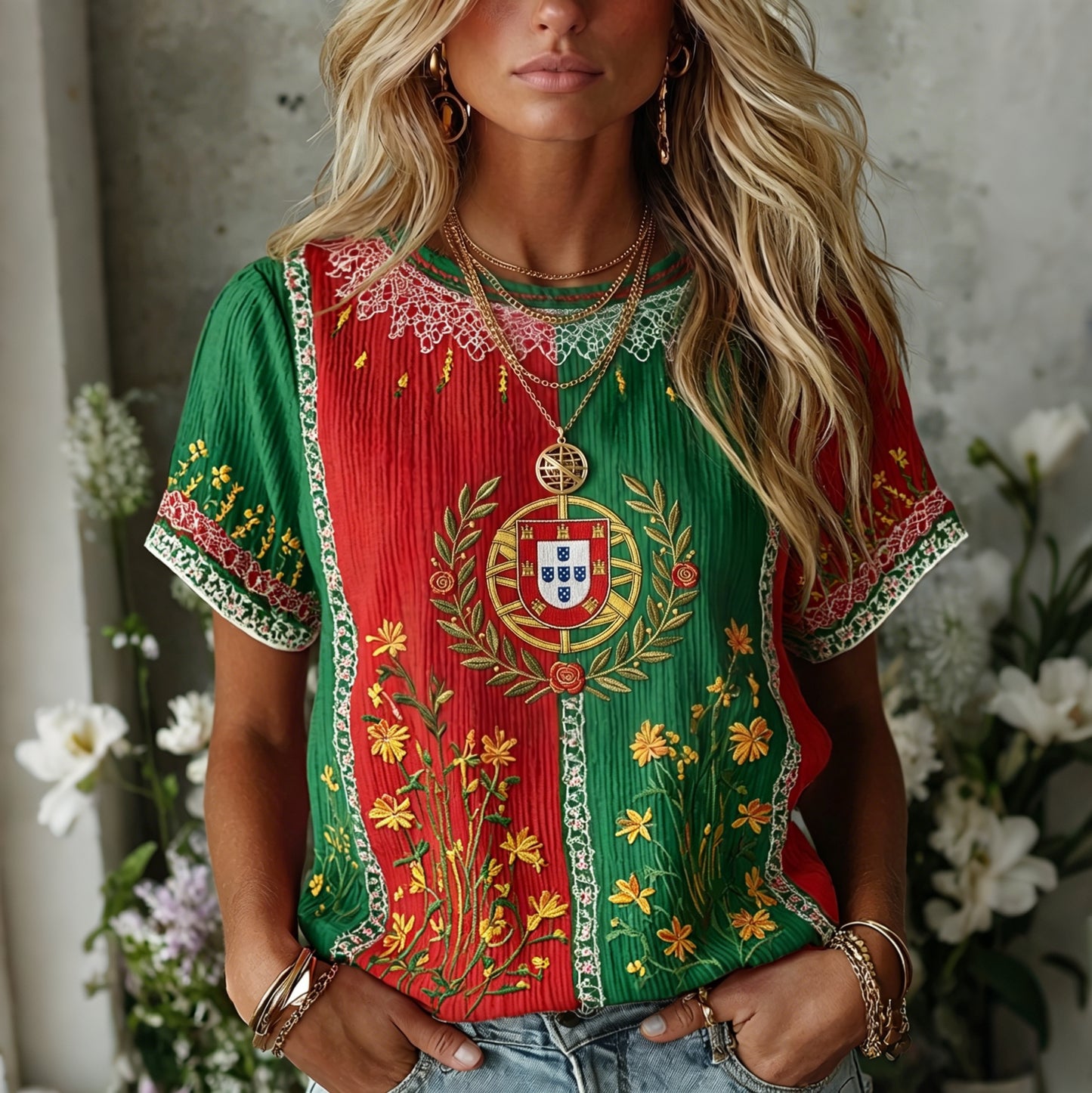 Cardydony Women's Retro Floral Embroidered Patchwork Art Linen Blend Crew Neck Short Sleeve T-shirt