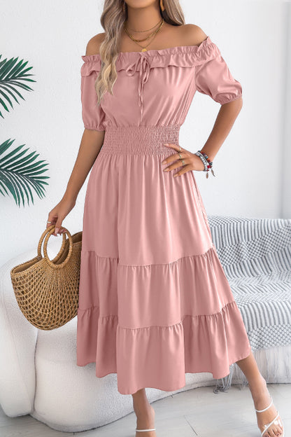 Cardydony Women's Stylish Off-shoulder Short-sleeved Pleated Waist Casual Midi Dress