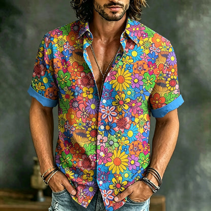 Cardydony Men's Vintage Hippie Floral Art Print Short Sleeve Shirt