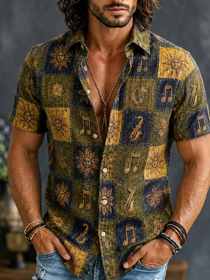 Cardydony Men's Vintage Hippie Patchwork Music Note And Sun Art Print Casual Shirt