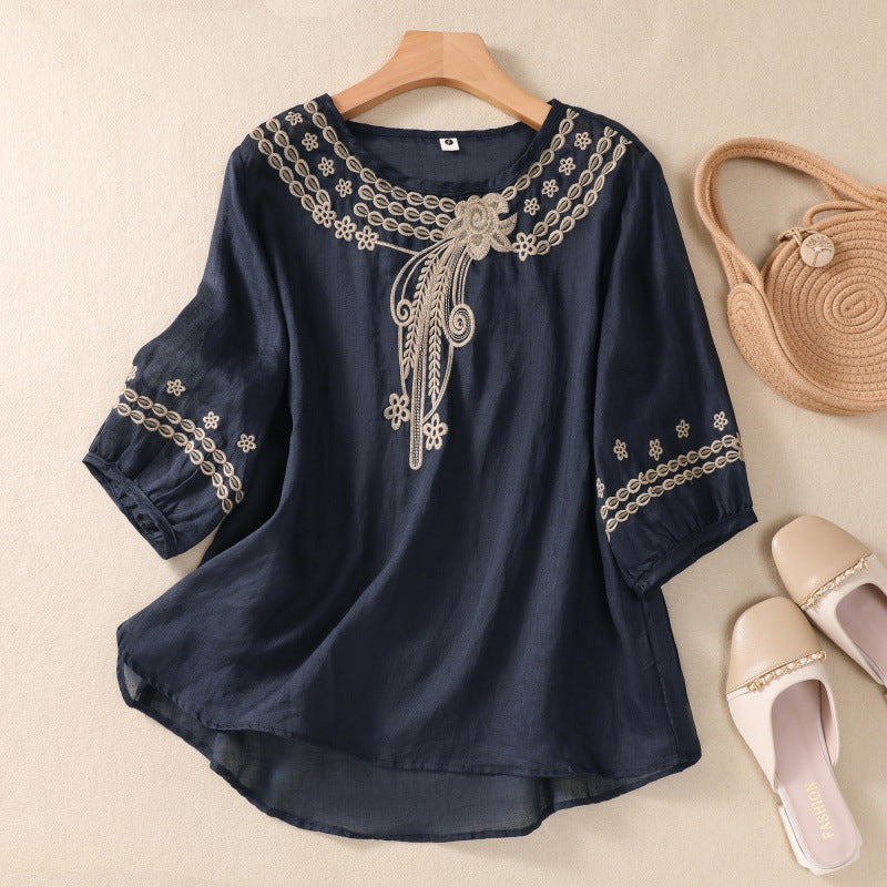 Cardydony Women's Casual Floral Embroidered Linen Blend Blouse