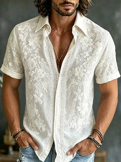 Cardydony Men's Floral Art Embroidery Casual Cotton Linen Shirt