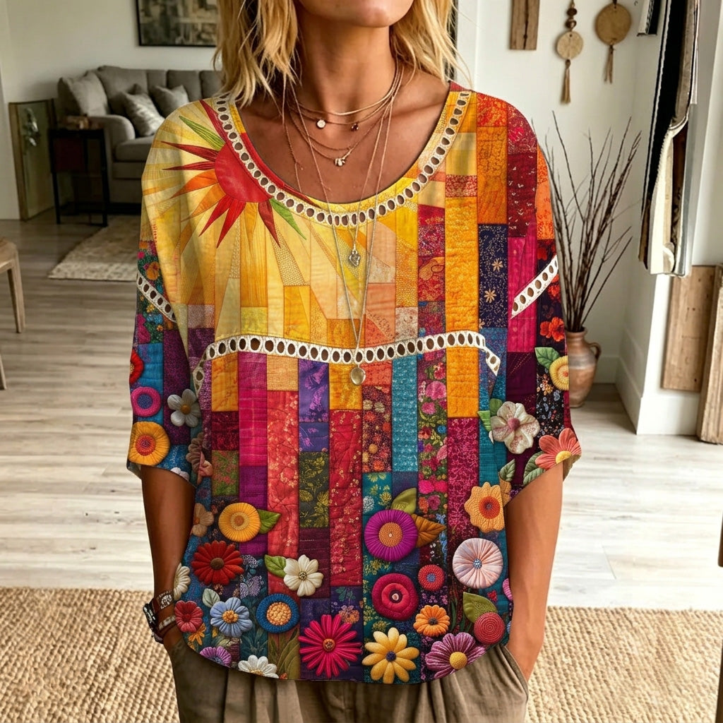 Cardydony Women's Retro Floral Art Print Linen Blend Casual Top