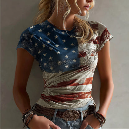 Cardydony Women's Vintage Independence Day Flag Floral Embroidery T-shirt