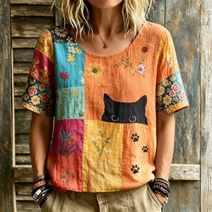 Cardydony Women's Hippie Black Cat Art Print Linen Blend Round Neck Tshirt