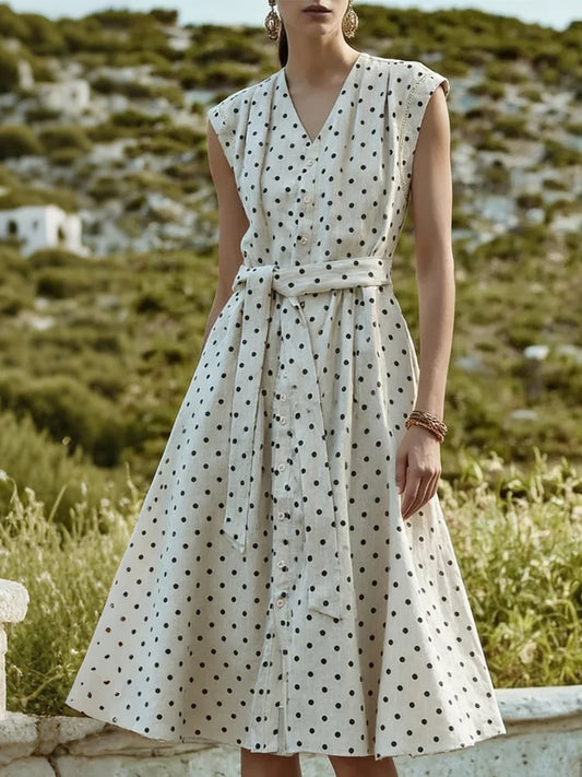 Cardydony Retro Polka Dot V Neck Sleeveless Linen Maxi Dress