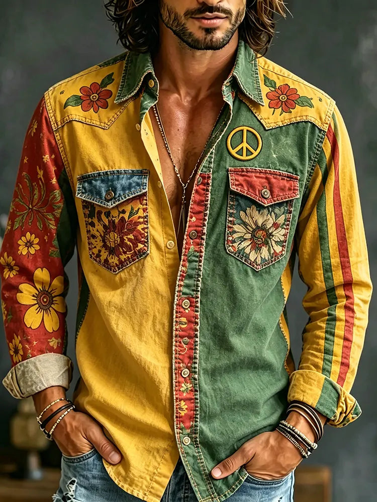 Cardydony Men's Hippie Color-blocked Floral Long-sleeved Cotton And Linen Shirt