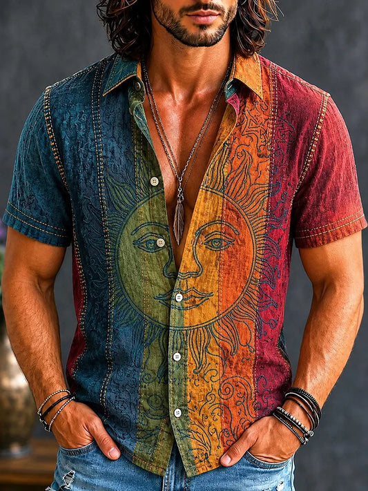 Cardydony Men's Retro Hippie Sun Face Gradient Patchwork Print Shirt