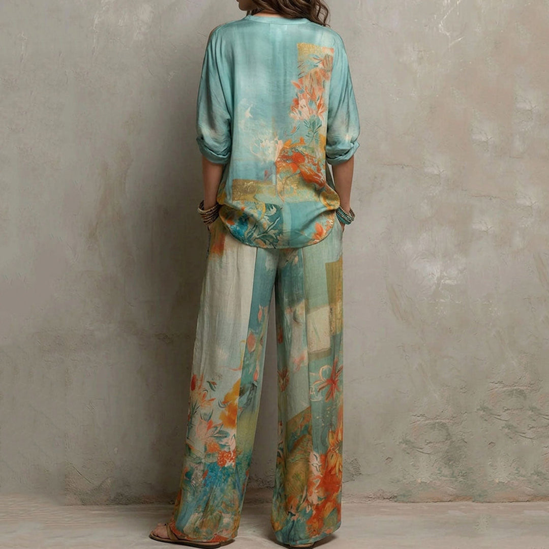 Cardydony Retro Floral Print Shirt Two Piece Set
