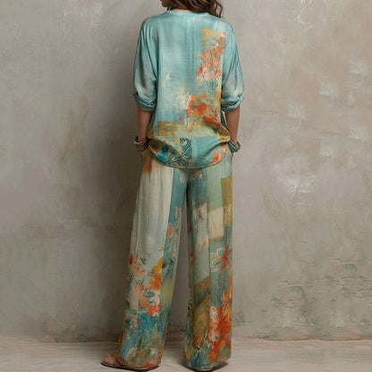 Cardydony Retro Floral Print Shirt Two Piece Set