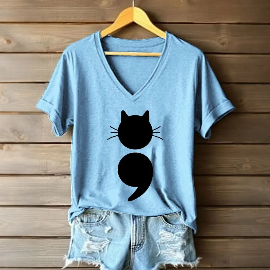 Cardydony Women's Survivor Cat Semicolon Mental Health Graphic Print Short Sleeve T-shirt