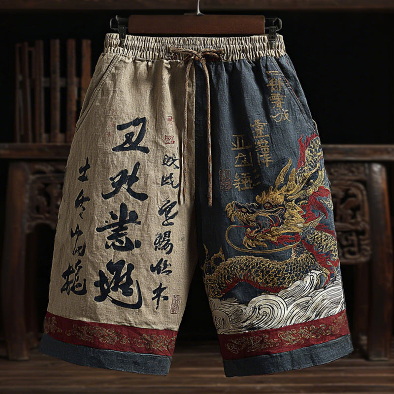 Cardydony Men's Japanese-style Linen Shorts With Dragon And Calligraphy Patterns