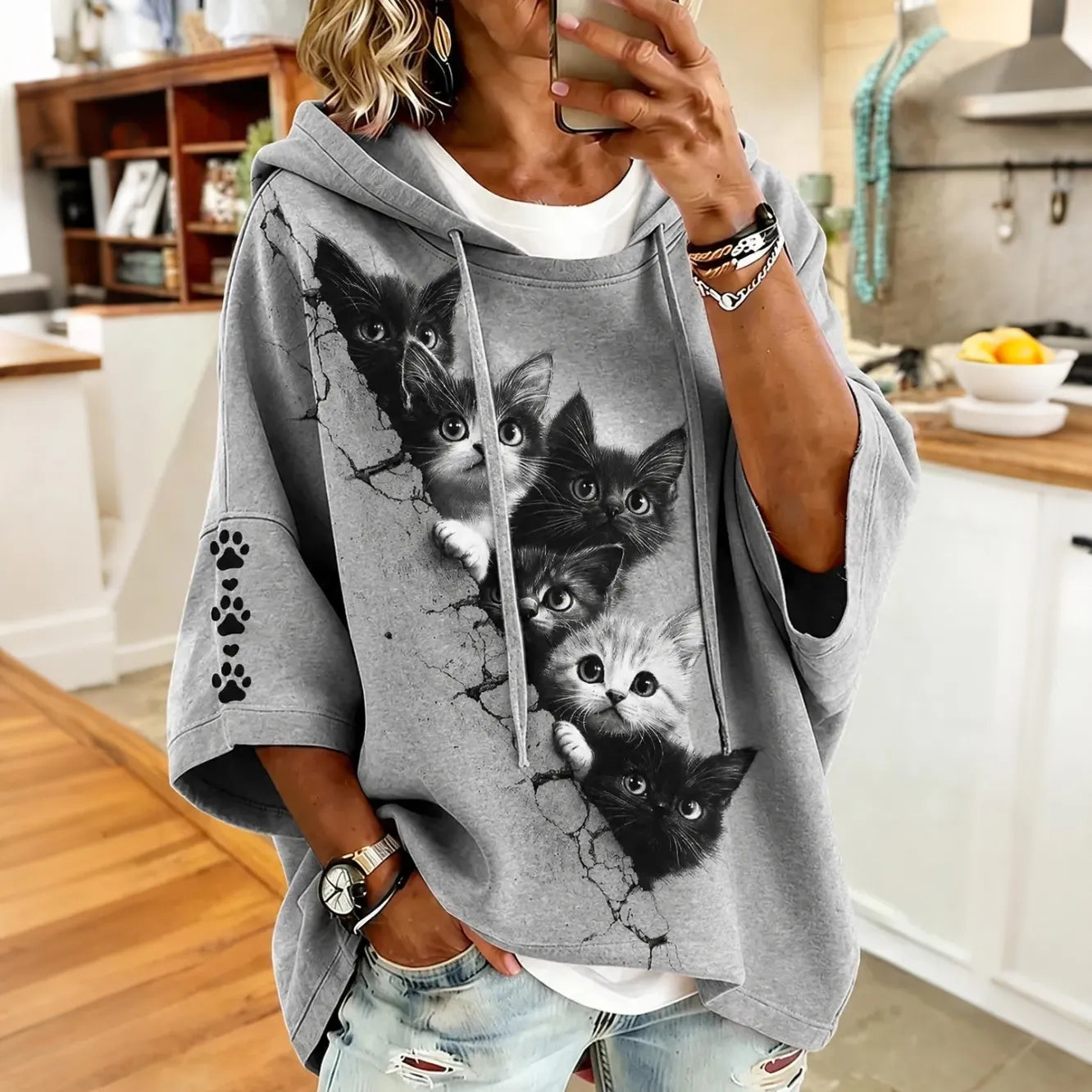 Cardydony Women's Cute Black Cats Print Half-sleeve Hoodie