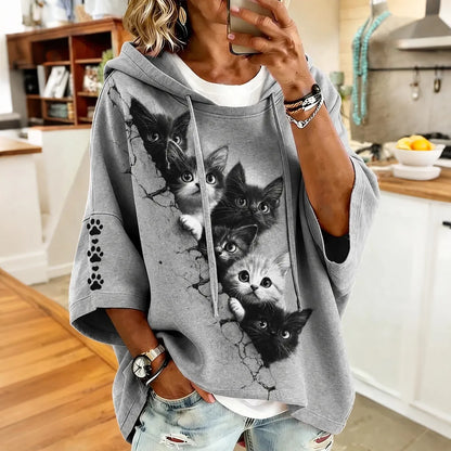 Cardydony Women's Cute Black Cats Print Half-sleeve Hoodie