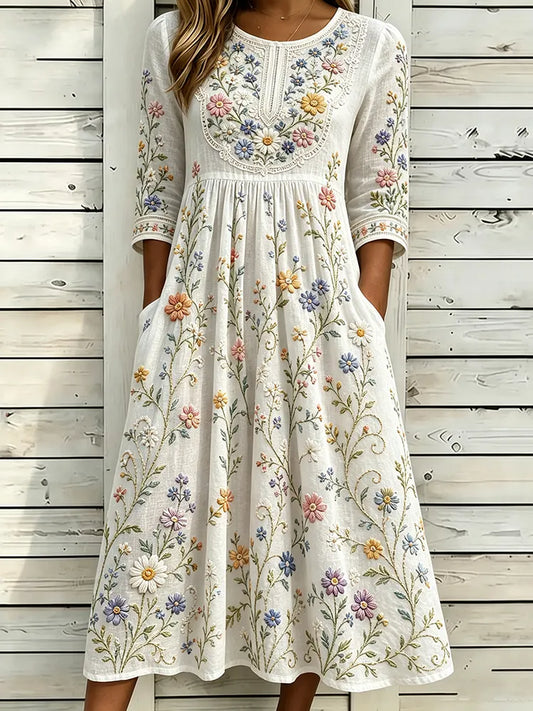 Cardydony Women's Vintage Floral Pattern Art Embroidered Linen Blend Dress