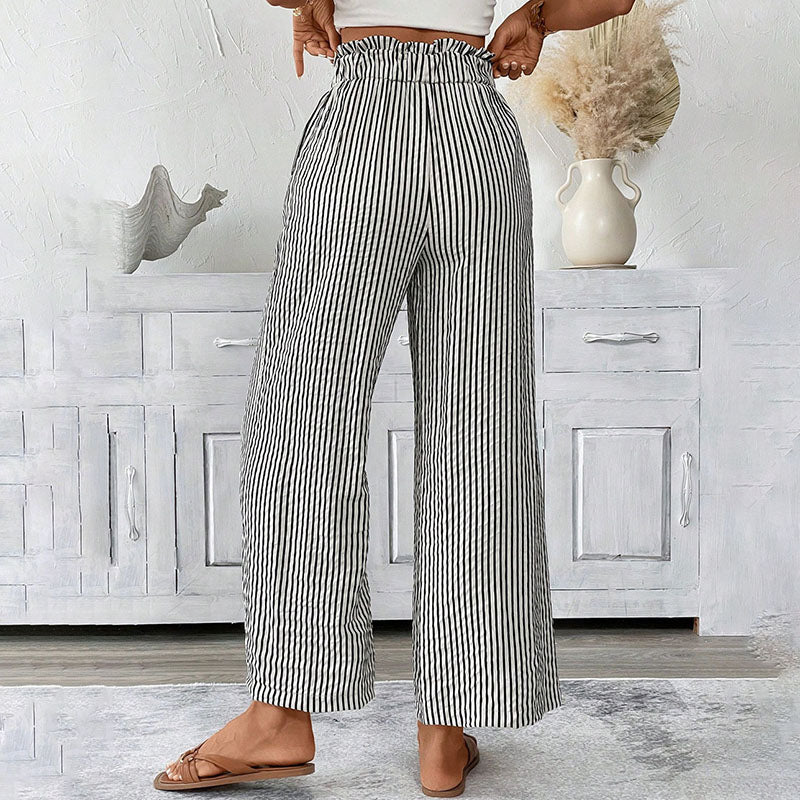 Cardydony Casual Bud Waistband Striped Straight Linen Pants
