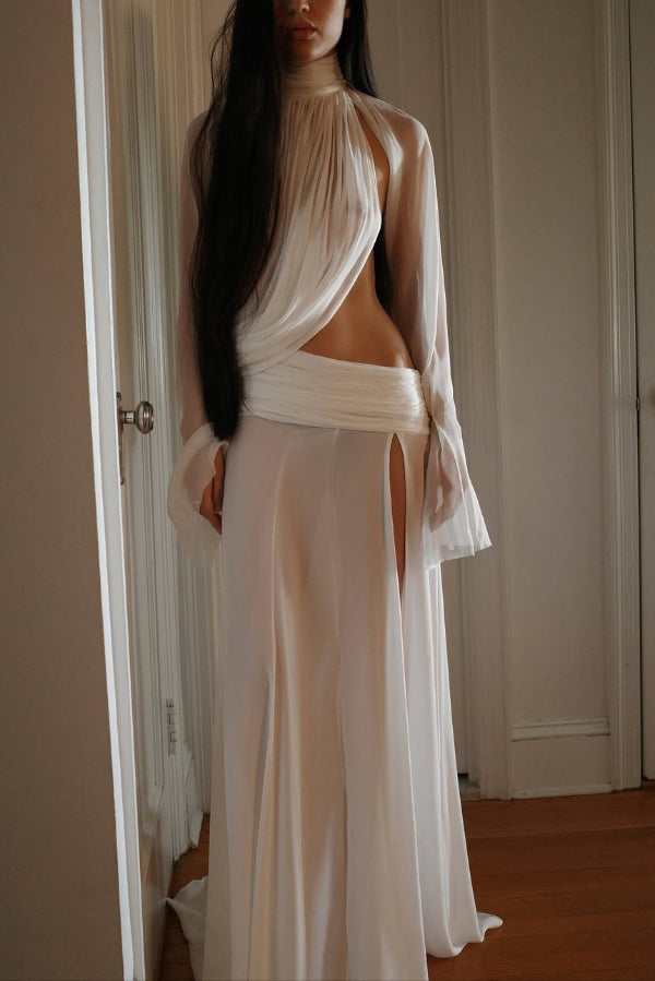 Cardydony Women's Sexy See-through High-neck Long-sleeved Draped Top and High-waisted Slit Maxi Skirt Vacation Set