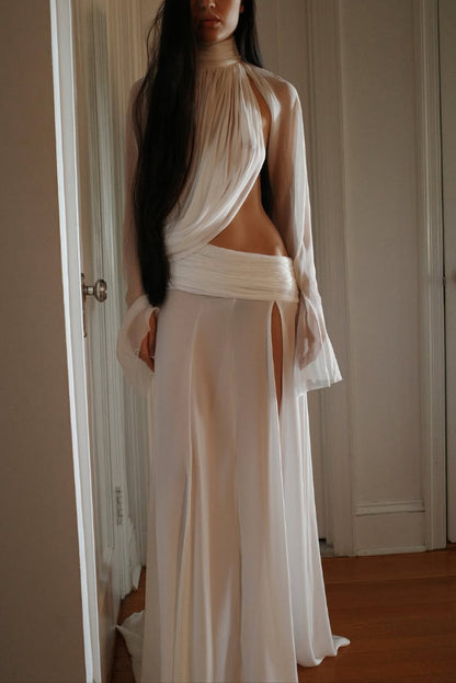 Cardydony Women's Sexy See-through High-neck Long-sleeved Draped Top and High-waisted Slit Maxi Skirt Vacation Set