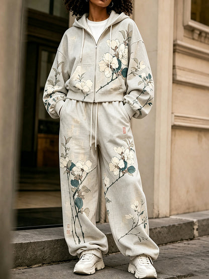 Cardydony Women's Japanese Floral Art Print Casual Zip Up Hoodie Two Piece Set