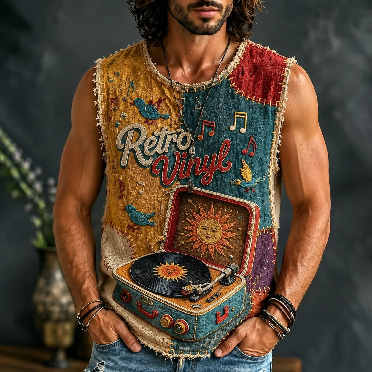 Cardydony Men's Hippie Sun Face Record Peace Art Print Tank Top