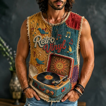Cardydony Men's Hippie Sun Face Record Peace Art Print Tank Top