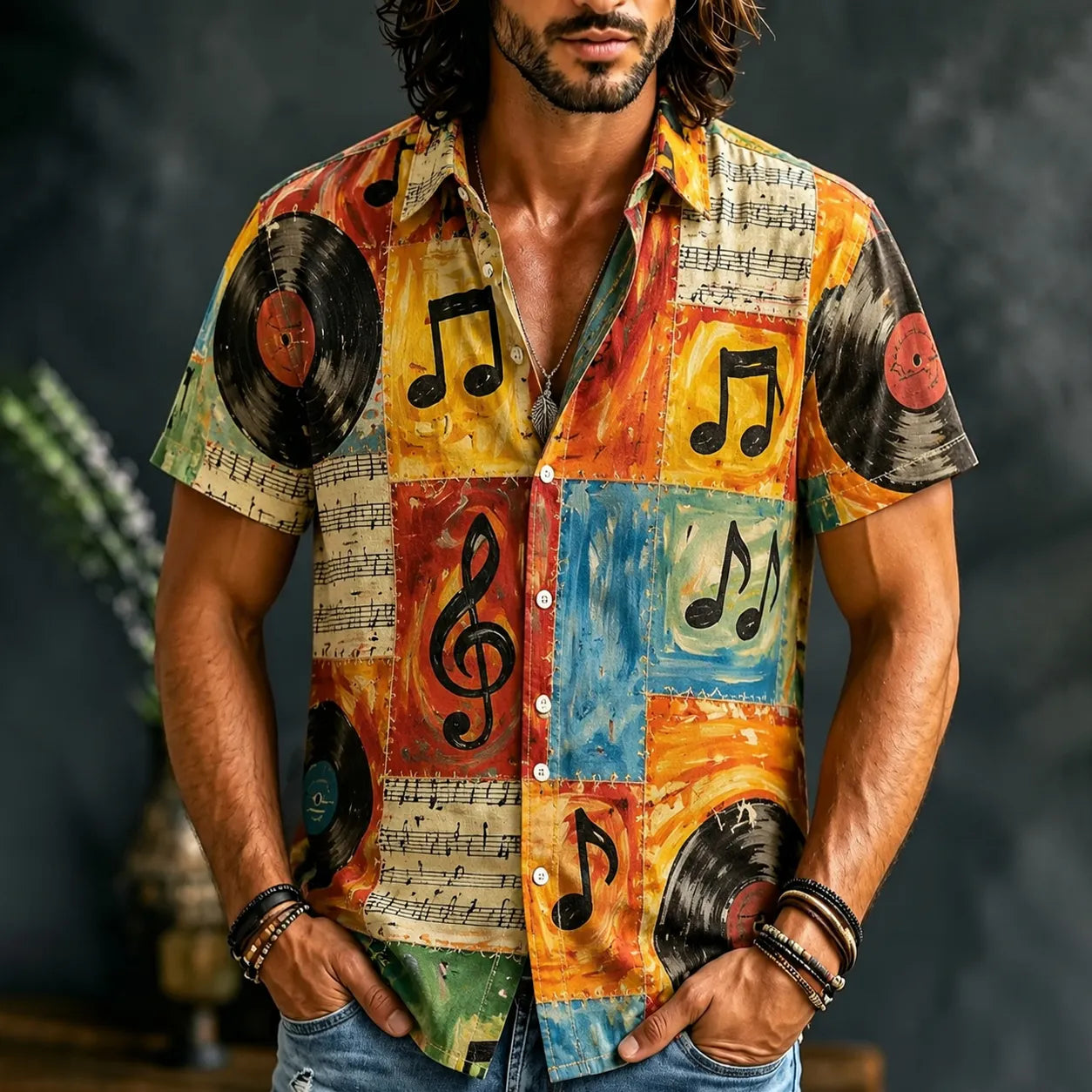 Cardydony Men's Hippie Tie Dye Musical Notes Patchwork Printed Short Sleeve Shirt