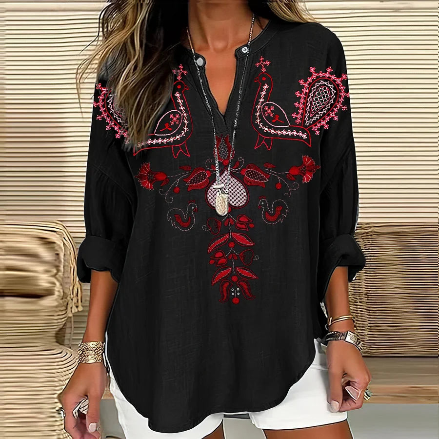 Cardydony Women's Vintage Ethnic Kutch Embroidery With Flowers And Birds V-neck Shirt