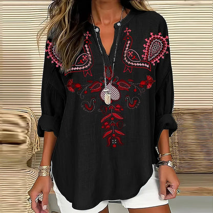 Cardydony Women's Vintage Ethnic Kutch Embroidery With Flowers And Birds V-neck Shirt