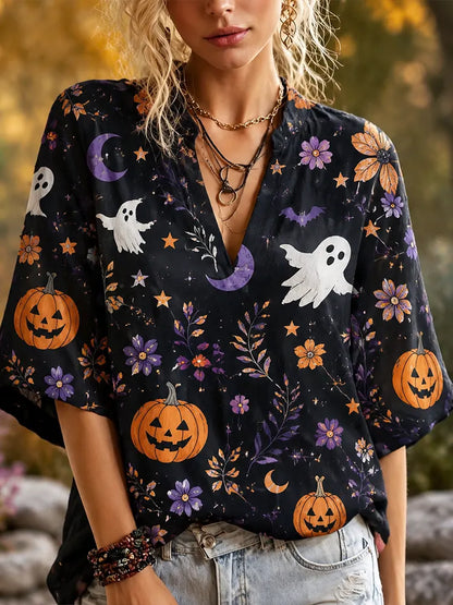 Cardydony Women's Short Sleeve V-neck Blouse With Halloween Festive Print: Cute Ghosts, Pumpkins, Moons, And Floral Accents