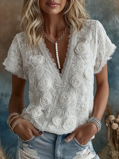 Cardydony Women's Vintage Rose Floral Art V Neck Casual Linen Blend Top