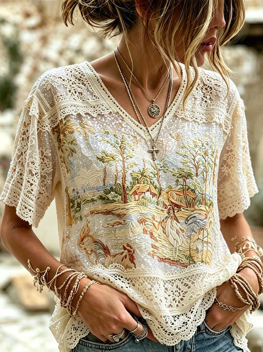 Cardydony Women's Retro Cotton Linen Farm Style Animal Embroidery Print Lace Trim V-neck Top