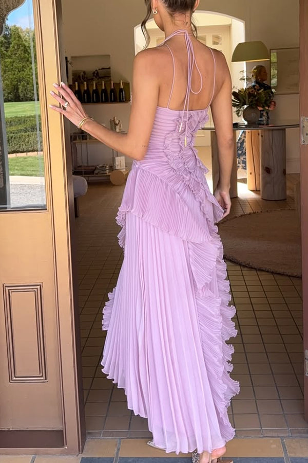 Cardydony Women's Dream Ode Lily Pad Style Pleats and Ruffles Halter Gown Maxi Dress