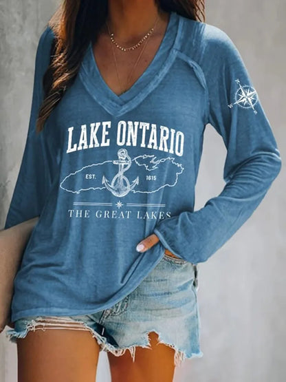 Cardydony Women's Lake Ontario Est 1615 The Great Lakes V-neck Print T-shirt