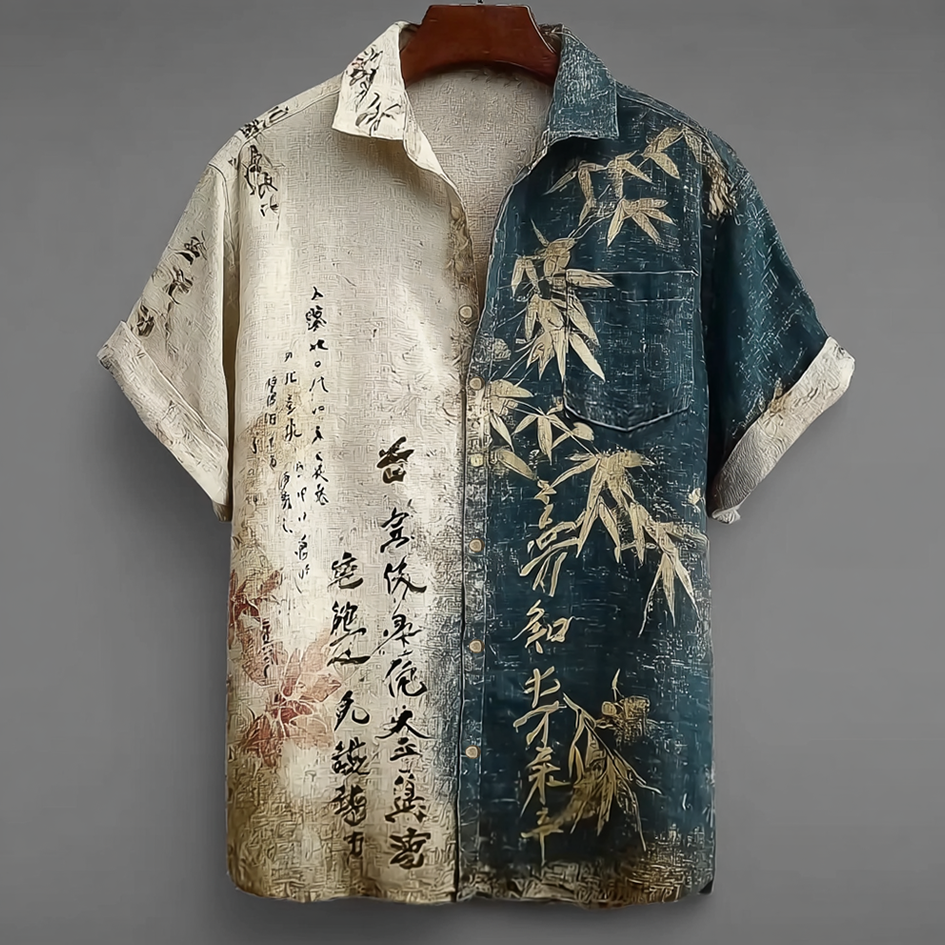 Cardydony Japanese Art Retro Line Art Linen Casual Short-sleeve Shirt