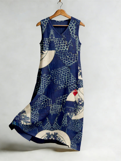 Cardydony Vintage Japanese Art Pattern Flowy Linen Midi Dress