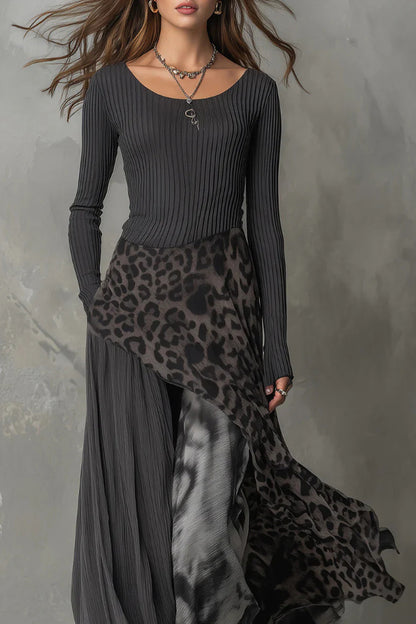 Cardydony Women's Stylish Leopard Print Patchwork Casual Long-sleeved Maxi Dress