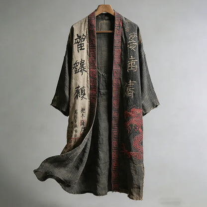 Cardydony Men's Japanese Dragon Pattern Calligraphy And Painting Art Linen Long Kimono