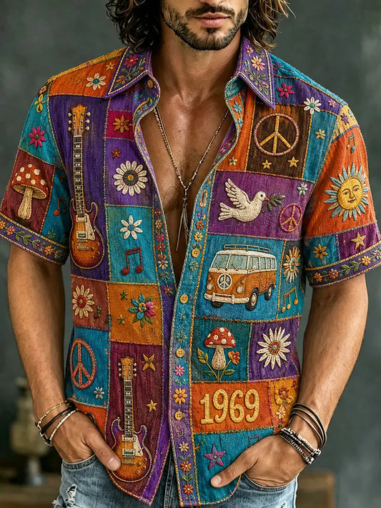 Cardydony Men's Retro Peace Sign And Guitar Hippie Patchwork Print Short-sleeve Shirt