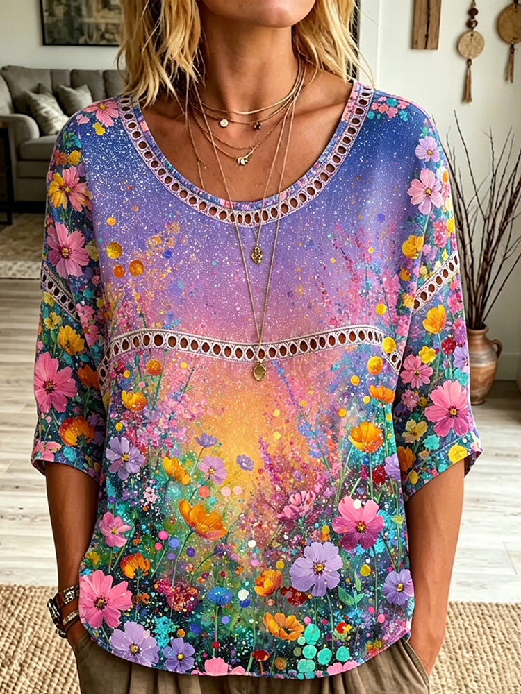 Cardydony Women's Floral Art Pattern Cotton Linen Casual Round Neck T-shirt