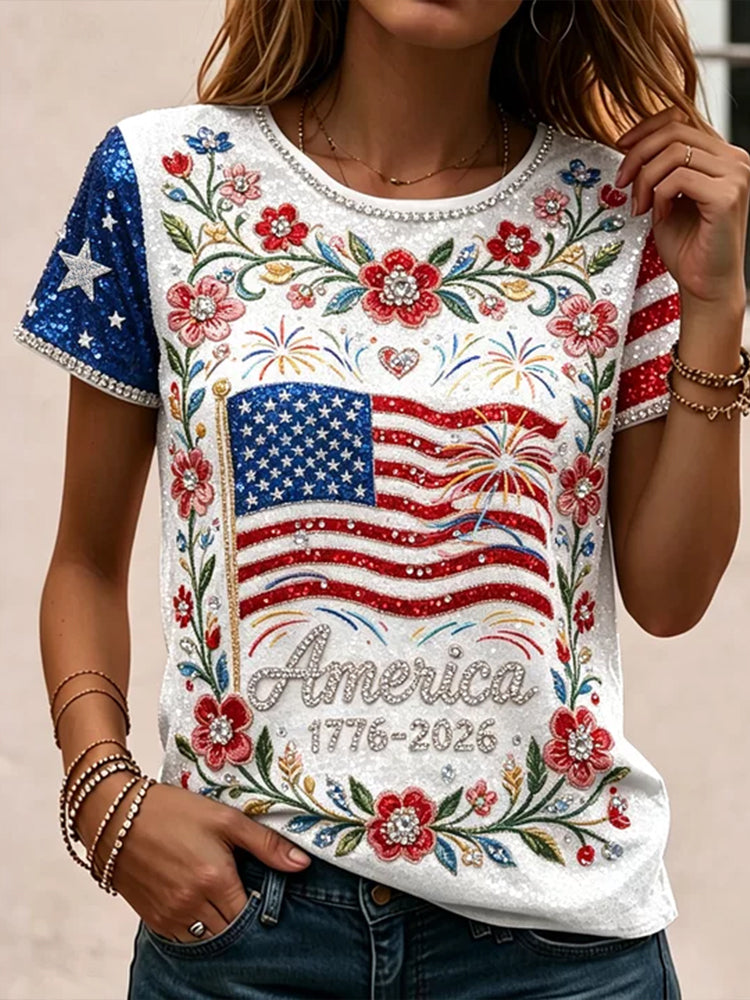 Cardydony Women's Vintage Independence Day Anniversary Flag And Floral Art Print T-shirt