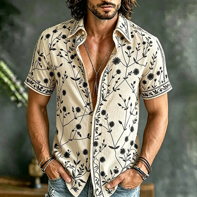 Cardydony Men's Vintage Floral Art Print Flowy Linen Blend Shirt