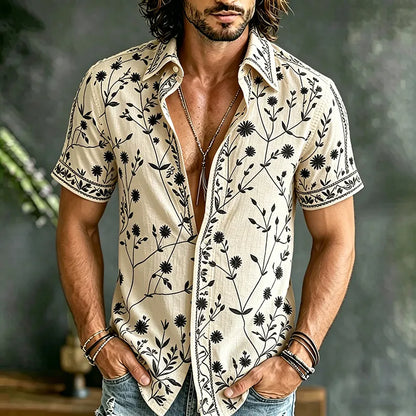 Cardydony Men's Vintage Floral Art Print Flowy Linen Blend Shirt